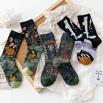 1 par Respiring Čarapa Srednje Dužine za djevojčice, Pamučne Čarape s cvjetnim uzorkom za Žene Za Jesen-Zimu, Apstraktne Umjetnosti Čarapa