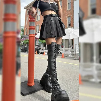 2021 godine, trendy ženske čizme do kukova u gotičkom stilu punk, čizme iznad koljena na platformi i visoke potpetice na танкетке, ženska Ulica Jesenje cipele za Косплея