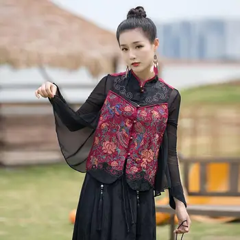 2022 etnički prsluk s nacionalnom cvjetnog vezom, ženski tradicionalni starinski prsluk u kineskom stilu, odijelo doba tang, istočni лоскутный vest
