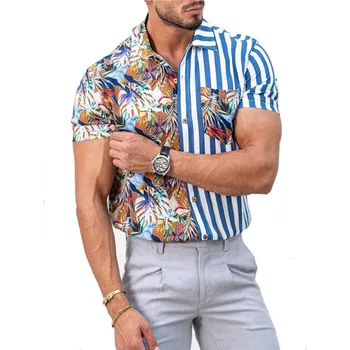 2022 Ljetna Novi Modni Muška Vintage Havajski Prugasta Patchwork Košulja Kratkih Rukava, Havajski Plaže Košulje Za Muškarce Camisa Palmeiras