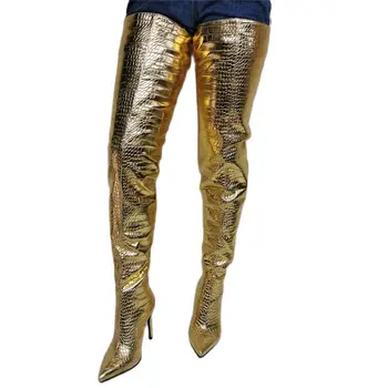 Arden Furtado/ 2022 godine, ženske zlatne čizme iznad koljena i elegantne ženske čizme s oštrim vrhom, veliki obim, veliki veličine 47, ženske čizme