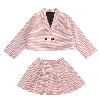 Modna odjeća, Komplet od dva predmeta, Proljeće-jesen Školski Kostim za djevojčice, Adolescencija Blazer, Kostimi, Checkered kaput i mini suknja, Dječje Uniforma
