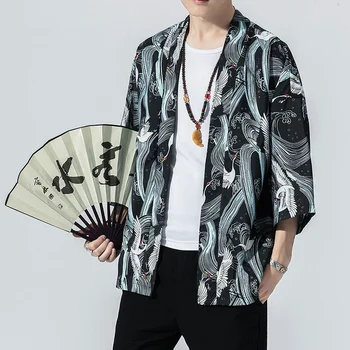 MrGB Crane Grafički Muške Ljetne Tanke Majice Kratkih Rukava U Kineskom Stilu Muški Kardigan Berba Prevelike Dnevne Bluze 5XL Kimono