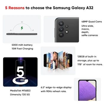 Originalni smartphone Samsung Galaxy A32 5G MediaTek MT6853 Dimensity 720 5000mAh 15 W Baterija Brzo Punjenje 48MP Quad Cams Telefon