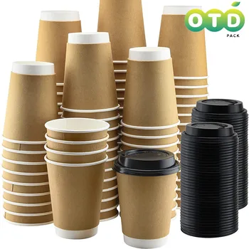 Papirnate čaše s dvostrukim stijenkama i poklopcem, smeđa, kava, čaj, vruća pića, čaše za Jednokratnu upotrebu To Go Cups[Šalica 8/12/16 oz + poklopac + мешалка 20 grama]