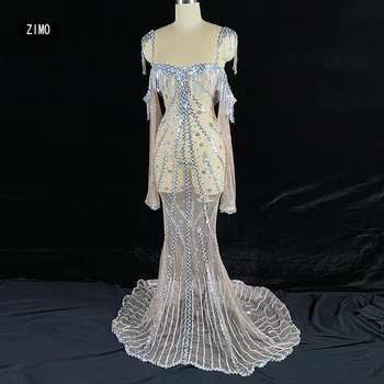 Seksi prozirna haljina iz mreže, dijamanata, haljinu na šljokice, rese, Elegantan sirena s otvorenim ramenima, večernji, za rođendan, scenski kostim transvestit
