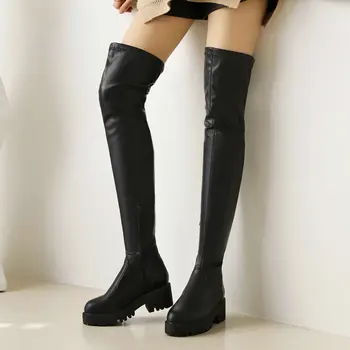 Trendy ženske čizme iznad koljena s debelim potplatima, elastične čizme do kukova od umjetne kože na platformi i kvadratni petu, jesensko-zimske čizme munje