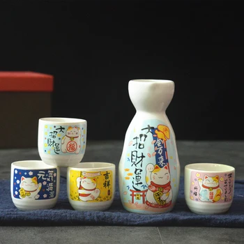 Vinski set od 5 predmeta, japanski keramički set sake Манеки Neki (1 boca ТОККУРИ 200 ml i 4 šalice ОЧОКО), posuđe za piće Lucky Mačka