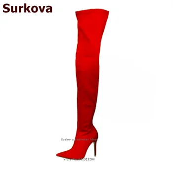 Čizme iznad koljena od podatnom likra Surkova na tankom Visoke potpetice, čizme do kukova s oštrim vrhom, ženske Seksualne oblikovana oblikovana duge čizme