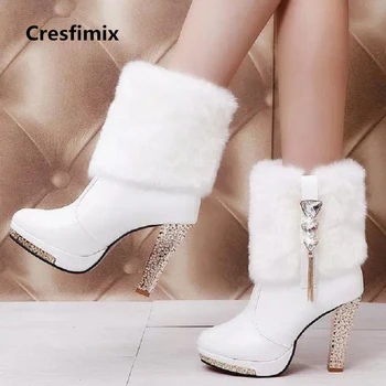 ženske modne ugodno jesensko-zimske bijele tople cipele na visoku petu cipele, ženske svakodnevne crne cipele na меху faxu s ukras u obliku kristala, slatka cipele e2658